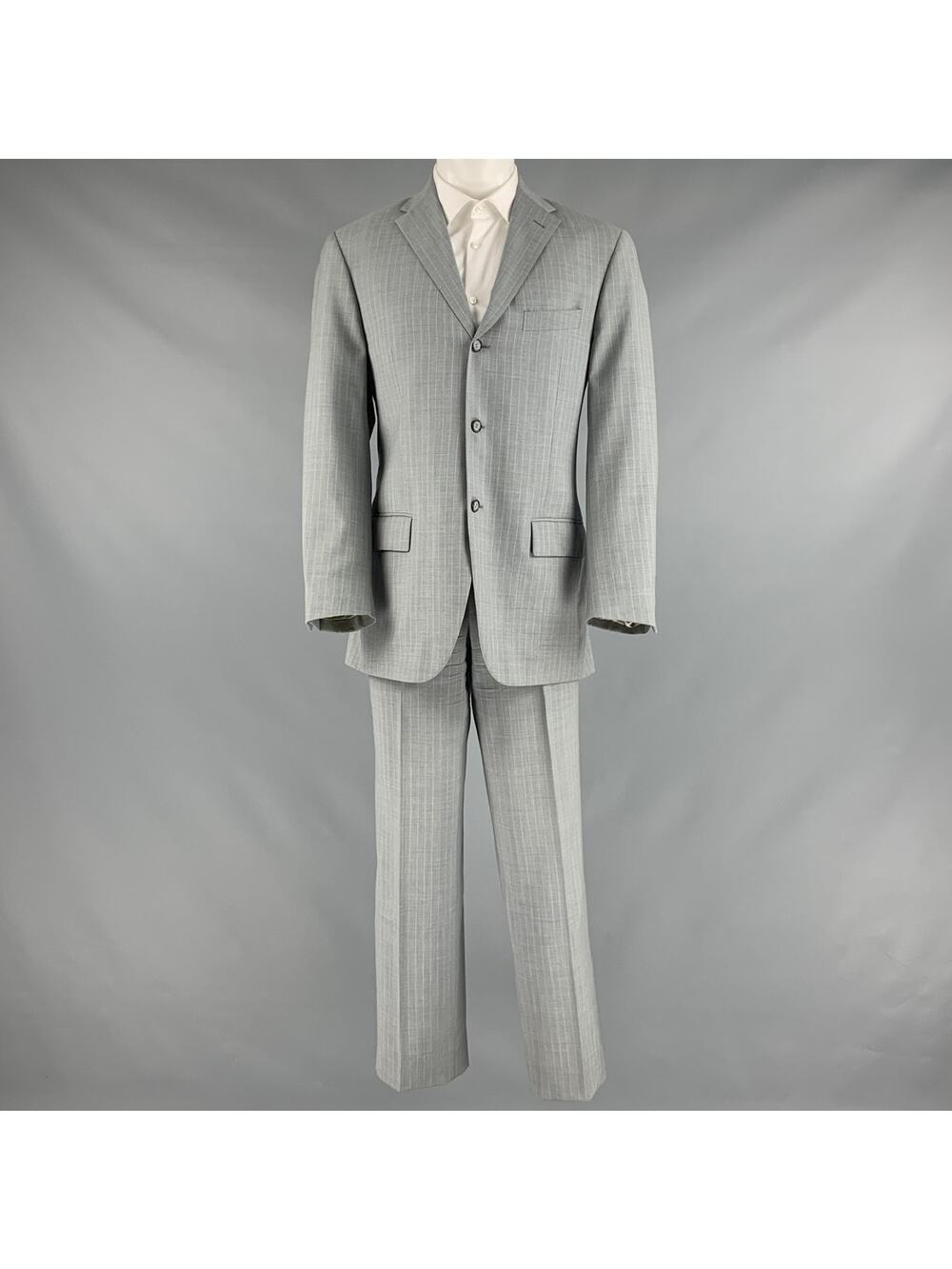 CORNELIANI Size 40 Grey Cream Pinstripe Virgin Wool Single Breasted Suit